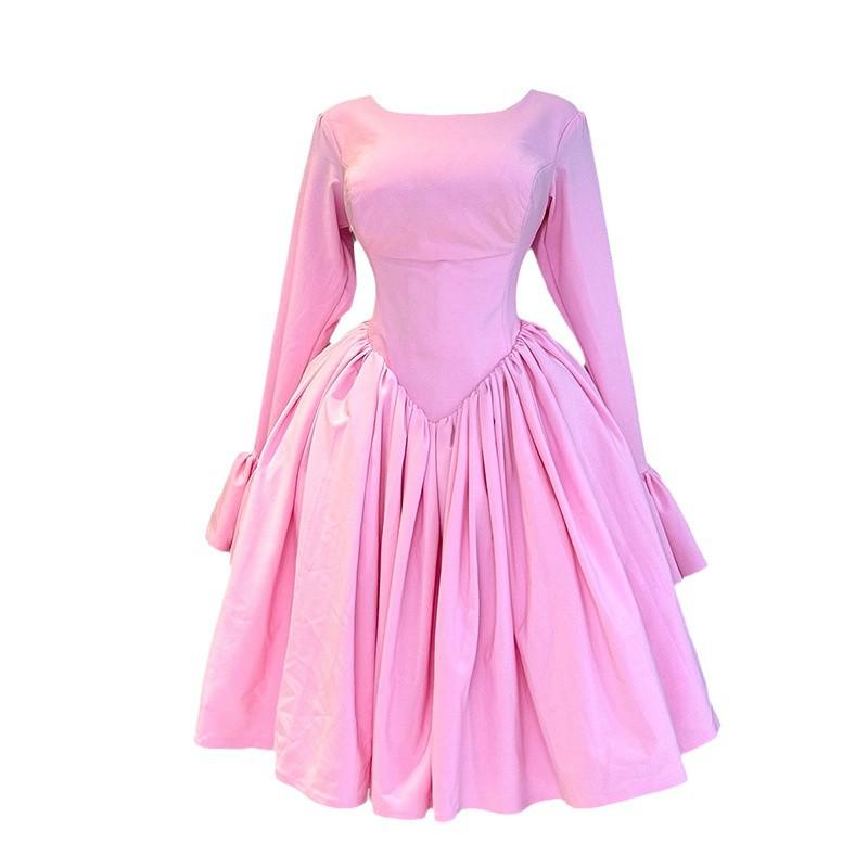 2025 Spring Elegant A-Line Dress: Women's High Waist, Long Sleeve Round Neck with Tie Detail