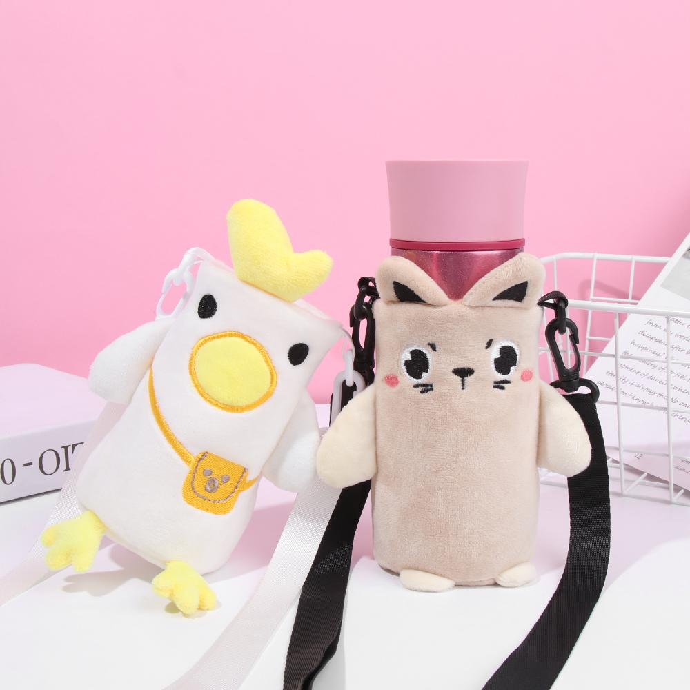 Cute Cartoon Cup Cover Kids Drinking Bottle Protective Cover Strap Lanyard Buckle Adjustable Plush Insulation Cup Case