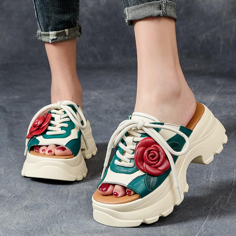 Mode GKTINOO Cuir Véritable Chaussures d'Été Femmes Pantoufles Compensées Extérieur Diapositives Loisirs 2025 Nouvelles Pantoufles Concises Faites Main pour Dames