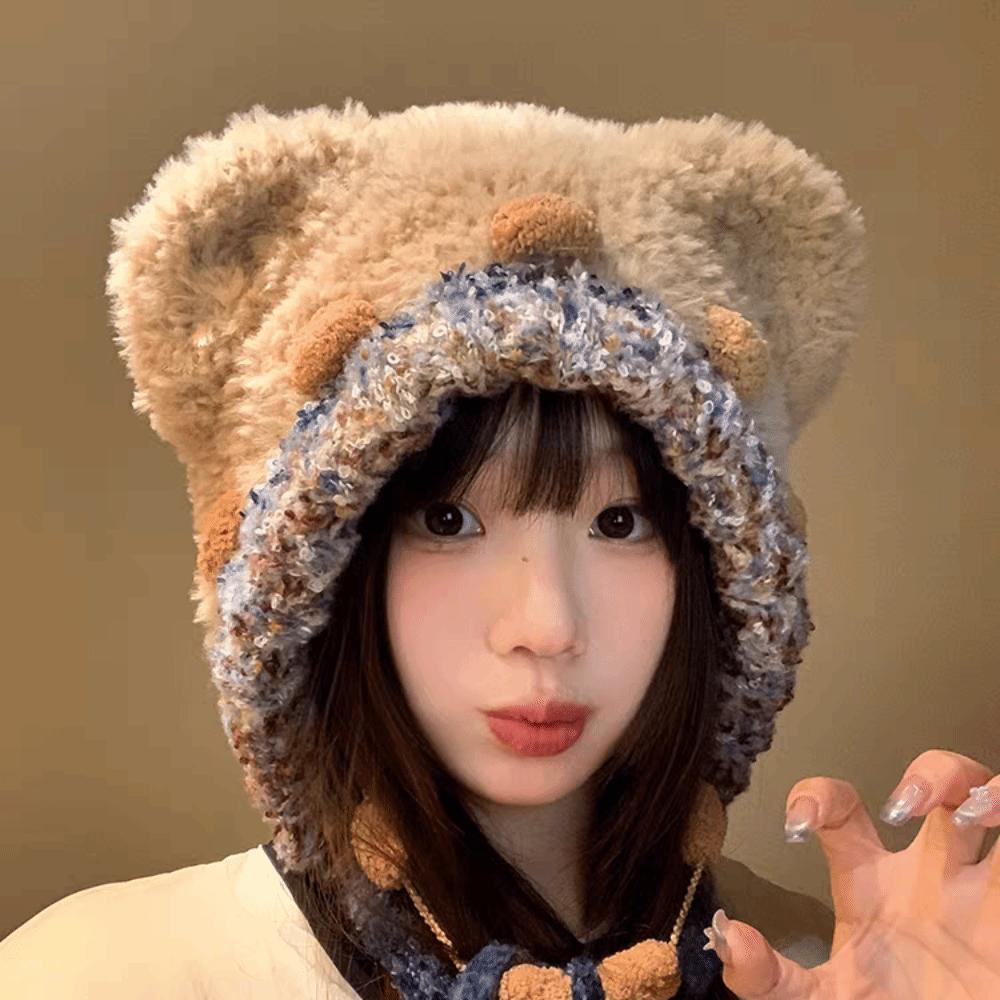 Fluffy Lei Feng Hat Ear Protection Winter Warm Hat Fashion Bear Ear Plush Hat Girls
