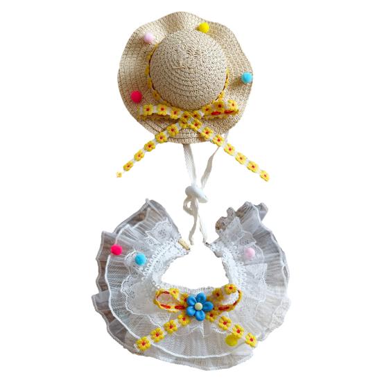 1 Set Cute Flower Cat Outfit Straw Sun Hat And Lace Ruffled Cat Bandana Bib Sweet Pet Accessory with Colorful Pom-Poms for Cats Dogs Photos Parties