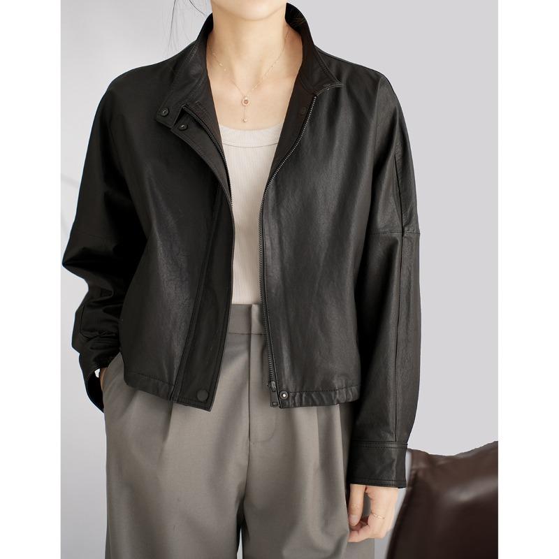 

Новая женская свободная кожаная куртка из овчины полурастительного дубления с воротником-стойкой, коротким верхом на шнурке, рукавами «летучая мышь» L