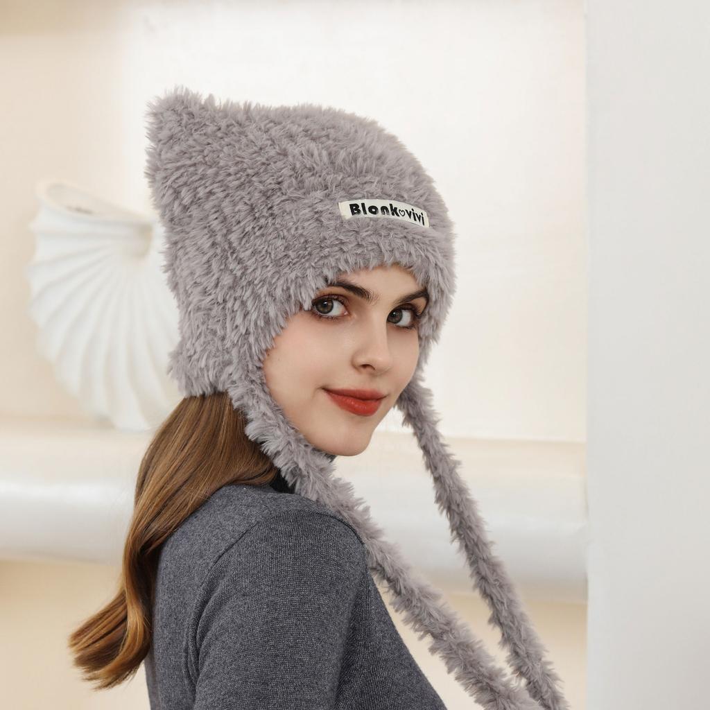 New cute cat ears warm plush hat women's autumn and winter fashion lace-up face small cold-proof ear hat