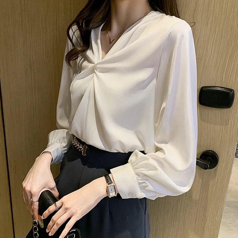 Fashion Chiffon Blouse Women Elegant Long Sleeve Womens Shirts V Neck Woman Tops Autumn Bottoming Female Clothing 30127