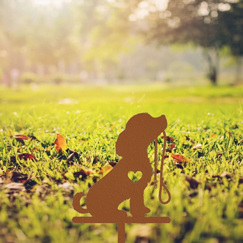 Metal Dog Silhouette Garden Stake Outdoor Decor Puppy Leash Heart