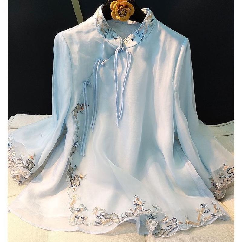 

Весна Лето Модная Рубашка С Длинным Рукавом Женская Уличная Повседневная Винтажная Элегантная Пуговица Вышитые Шикарные Топы S светло-синий