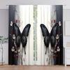 2Pcs Black Butterfly & Floral Print Curtains - Semi-Transparent Polyester, Rod Pocket Style, Soft Light Filtering For Living Roo