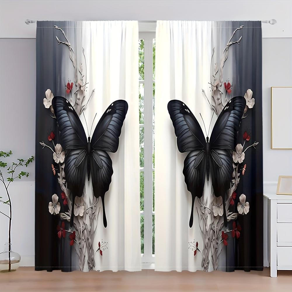 2Pcs Black Butterfly & Floral Print Curtains - Semi-Transparent Polyester, Rod Pocket Style, Soft Light Filtering For Living Roo
