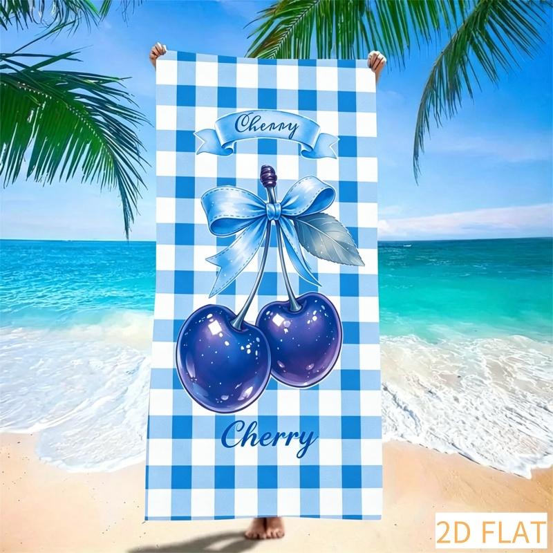 Sweet Cherry Plaid Beach Towel - Super Absorbent Quick Dry Microfiber With Pink Gingham Print Soft Sand-Free Blanket For Picnic