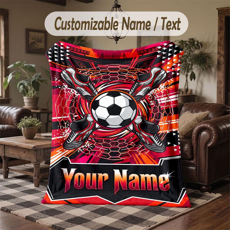 Soccer Theme Throw Blanket Custom Name Text Personalized Blanket Soft Cozy Blanket for Home Sofa Bed