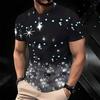 Women Short Sleeve Crew Neck T Shirt Black White Cyan Glowing Star Sparkle Nebula Gradient Print Top