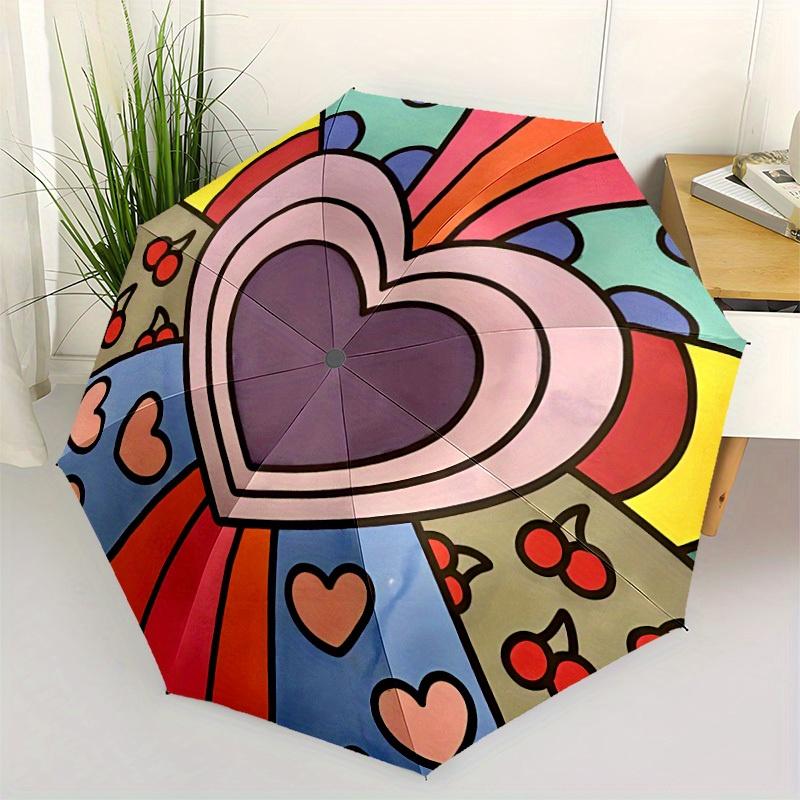 1pc Heart Pattern Automatic Folding Umbrella, Portable & Foldable Design with 8 Ribs, Casual Outdoor Accessory Yy250805146