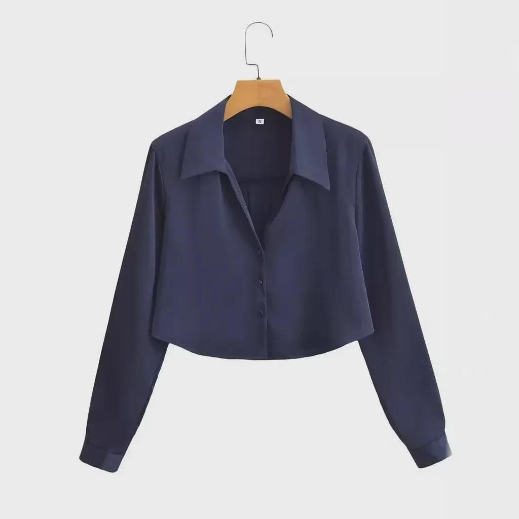 2025 Women's Summer Satin Silk Long-Sleeve Short Shirt - European & American Style