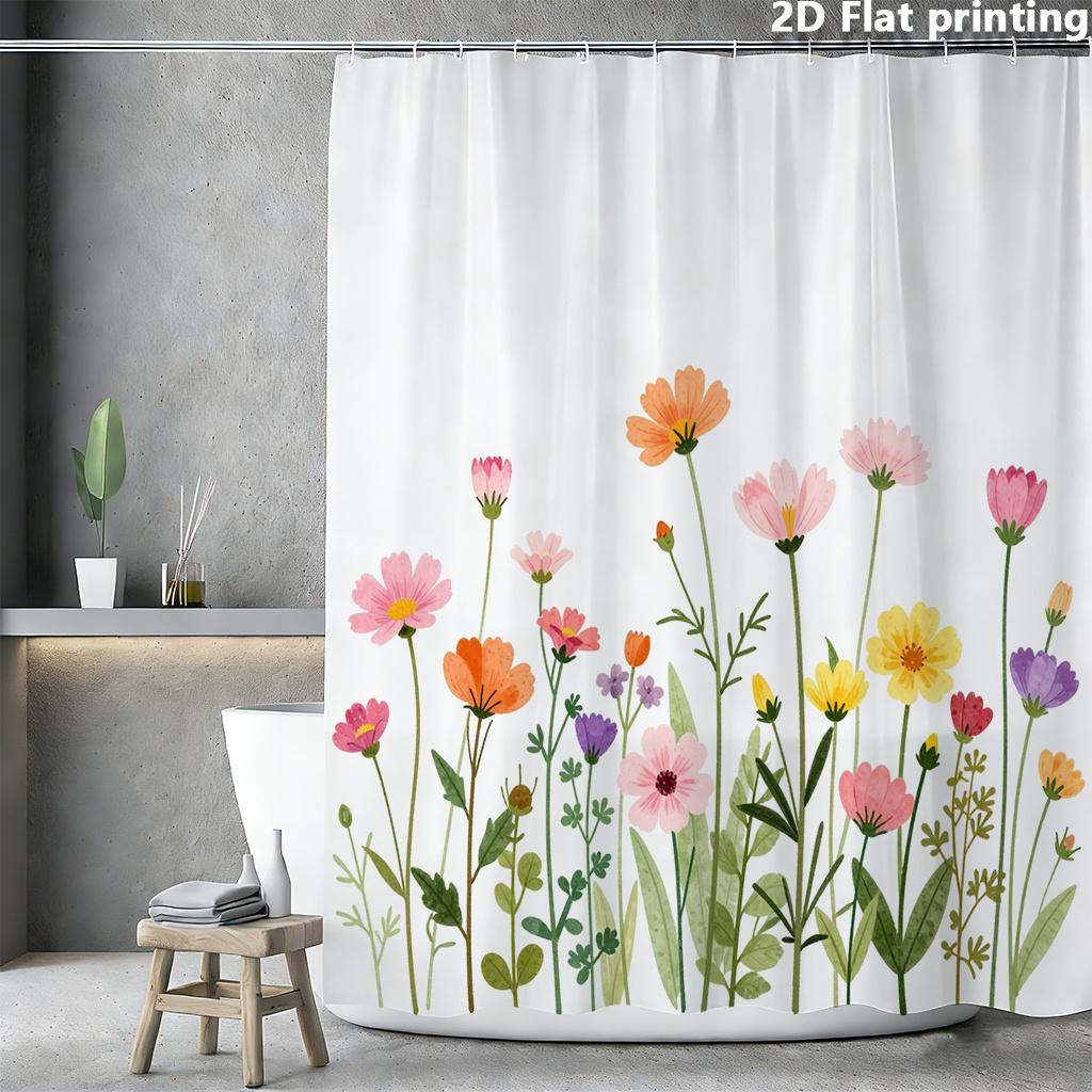 Watercolor Floral Shower Curtain 1Pc With 12 Hooks Polyester 2D Flat Print 70.8X70.8 Inch Spring Garden Decor For Bathroom