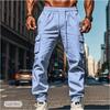Herren Freizeithose mit mehreren Taschen, verdeckter Knopfleiste, Kordelzug, Baumwolle und Leinen, gerade geschnittene Leggings