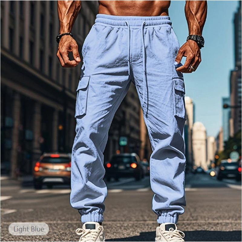 Herren Freizeithose mit mehreren Taschen, verdeckter Knopfleiste, Kordelzug, Baumwolle und Leinen, gerade geschnittene Leggings