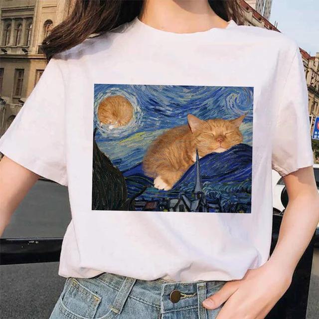 Women Clothes Summer Fashion Trendy Casual TShirt Van Gogh Cat Van Gogh Cat Art Oil Painting Printed T-Shirt Aesthetic Clothes