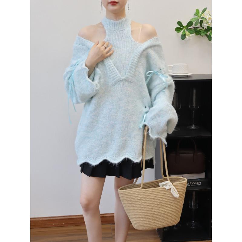 

Осень и зима новый трикотажный свитер топ с открытыми плечами и бантом свободный с пайетками милый свитер пуловер женский one size fits all синий