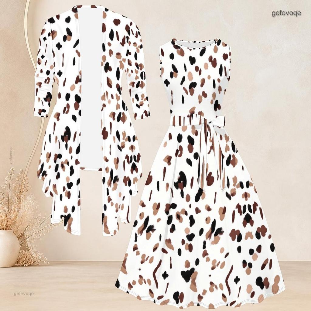 Women Plus Size Two Piece Set Printed Sleeveless Round Neck Tie Waist Flared Dress And Three Quarter Sleeve Cardigan