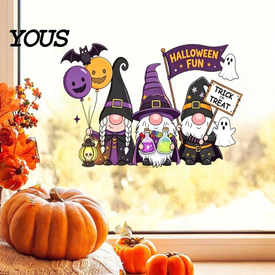 Reusable Holiday Window Sticker Static Glass Sticker, No Residue Clings, Festive Decal with Halloween Dwarf Wizards Black Cats Ghosts Skeletons