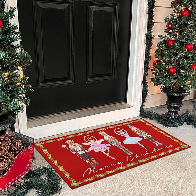 Christmas Carpet Mat Rug Nutcracker Ballerina Design Merry Christmas Text Vintage Linen Floor Mat for Home Decoration Home Mat