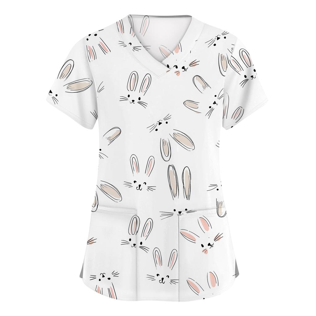 Moda damska Odzież robocza z dekoltem w serek i krótkimi rękawami z kieszeniami Topy z nadrukiem