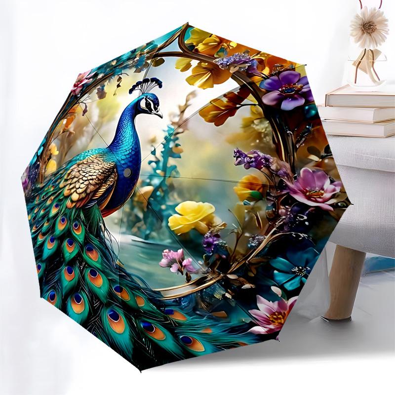 Peacock, Floral Automatic Folding Umbrella Compact 8 Rib Design, Unique Style, Suitable for Everyday Outdoor Use, Perfect Gift for Friends a