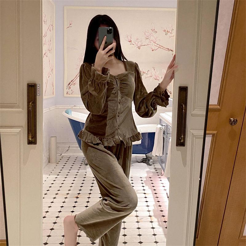 New Pajamas for Women Spring Sweet Square Neck Pajamas Set with Breast Pads Home Clothes Island Velvet Ruffles Home Clothes