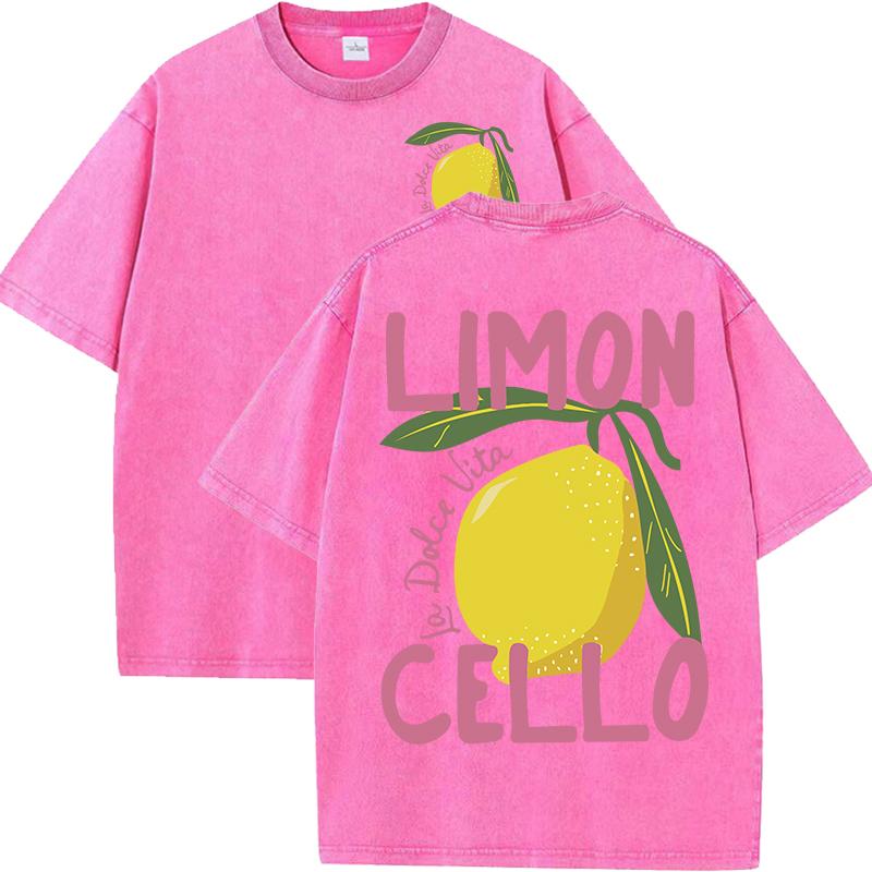 Lemon Cello Fresh Fruit Pink Letter Washed T-Shirt Womens Y2K Summer T Shirts Oversized Cotton Tops Loose Soft Short Sleeve