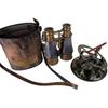 Victorian Marine Brass Grey Leather Binocular with Gilbert Sons Sundial Compass Navigational Home and Table Decor