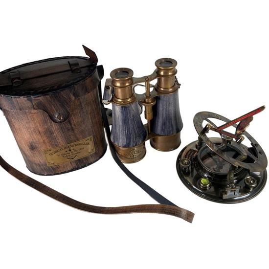 Victorian Marine Brass Grey Leather Binocular with Gilbert Sons Sundial Compass Navigational Home and Table Decor