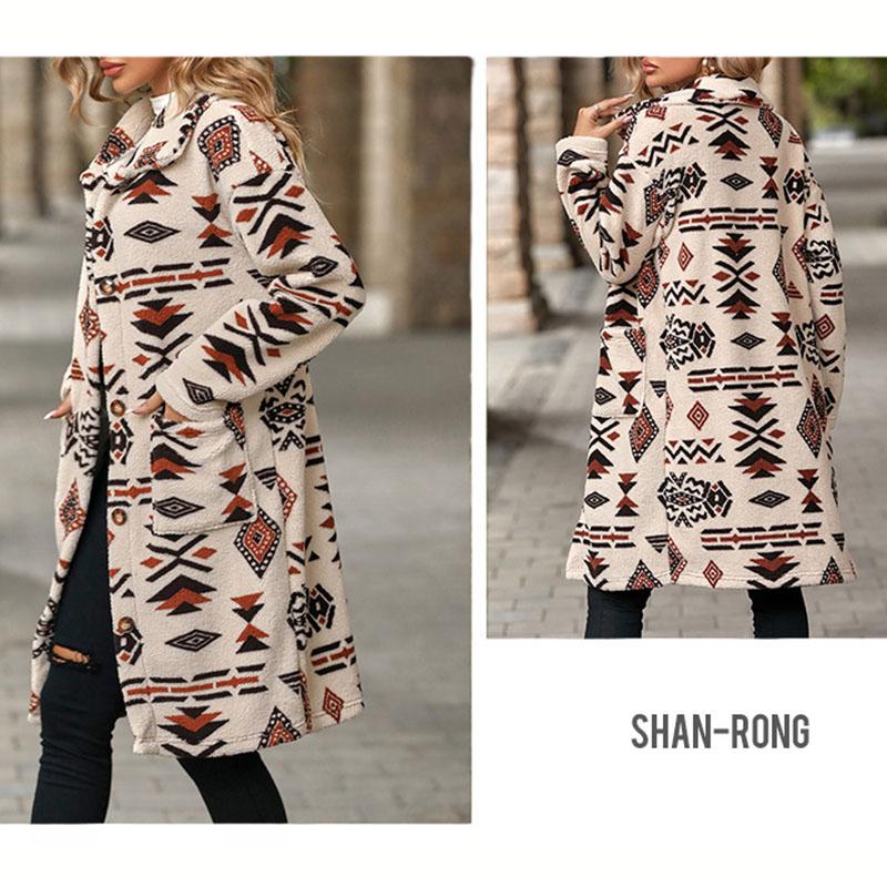 Autumn and Winter Printed Plush Coat Flip Collar Single Breasted Long Sleeved Jacket Women's Warm Comfortable Outerwear Retro Ethnic Style