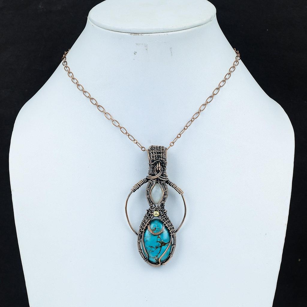 Tibetan Turquoise Copper Pendant Wire Wrapped Gemstone Pendant Rainbow Moonstone Pendant Copper Wire Wrap Jewelry Handmade Pendant For Gifts