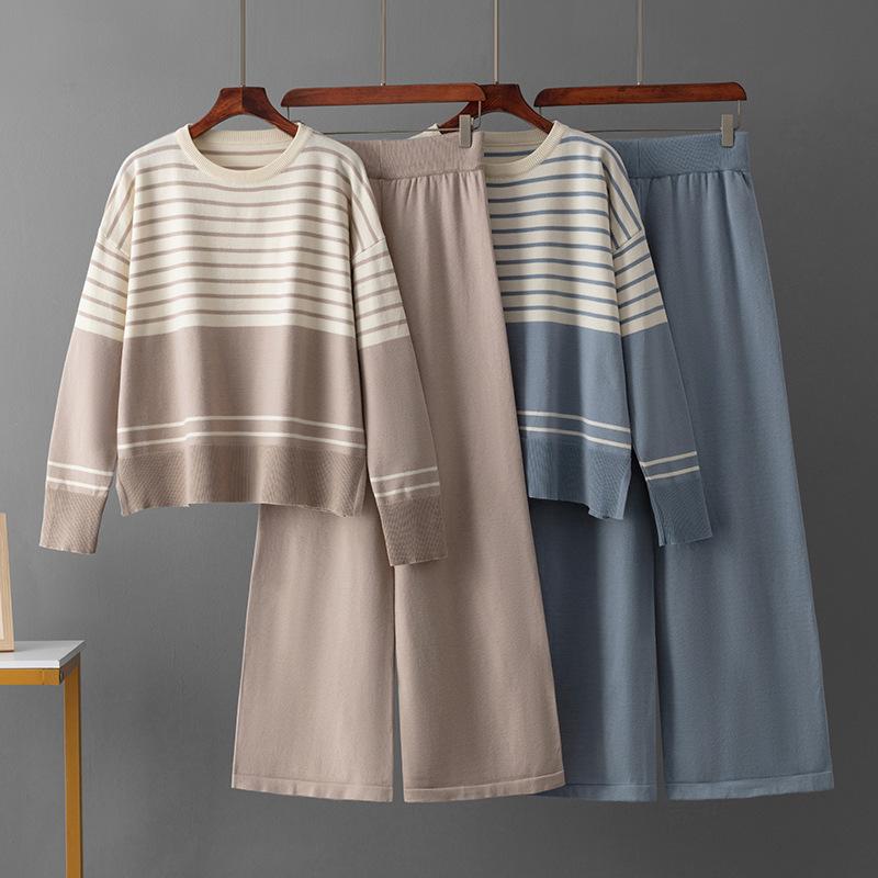 Fall Winter Lazy Wind Loose V-Neck Pulllover Sweater Suit Women's Stripe Long Sleeve Knit Wide Leg Pants Two Piece Set