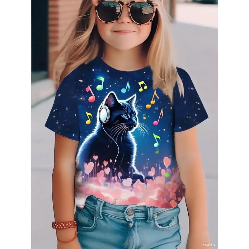 Summer Round Neck 3D Cat Printed Top Fashionable Casual Short Sleeved Children's Girl T-shirts