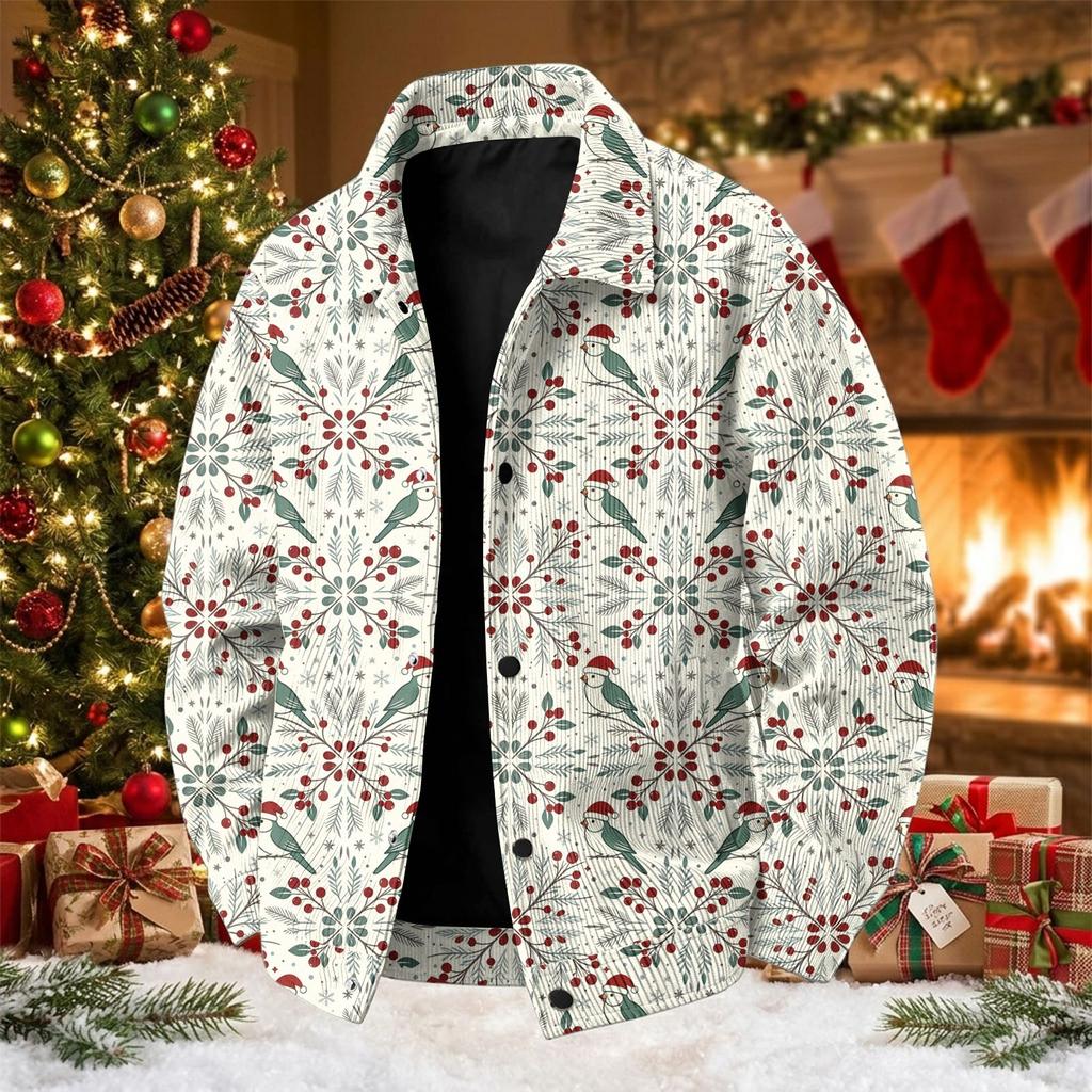 Men's Corduroy Collared Jacket Loose Fit Long Sleeve Casual Top with Christmas Print for Fall and Winter