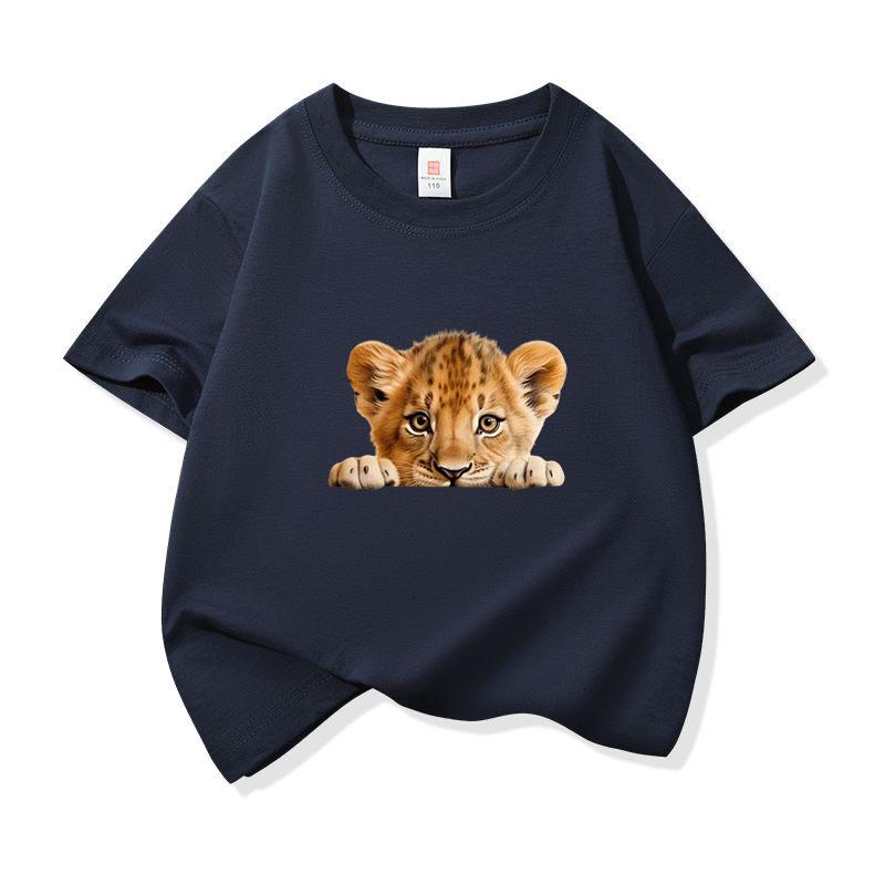 Kids Cotton T Shirt Cute Peeking Lion Cub Print Crew Neck Short Sleeve Tee Casual Breathable Boys Girls Summer Tops