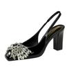 8.5cm Banquet Shallow Mouth Square Head Patent Leather Women's Shoes Shining Rhinestone Bow Thick Heel Back Strap Single Shoes