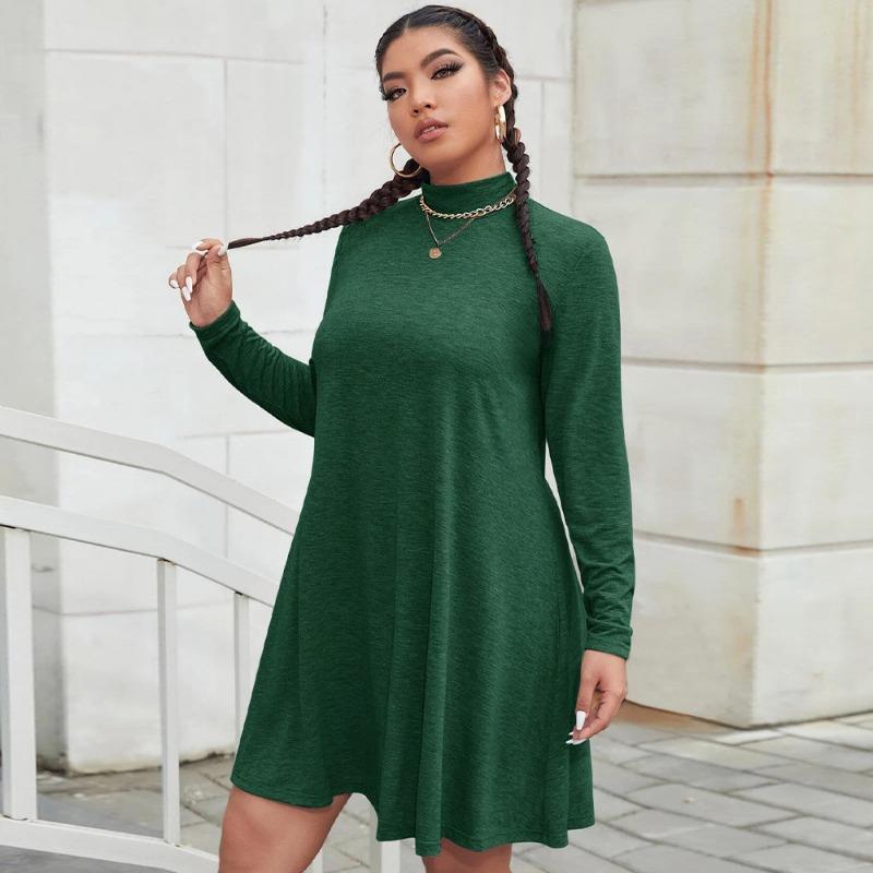 Lediga Klänningar med Lång Ärm Enfärgad Klänning Dam Mock Neck Grön Klänning Lös Hög Midja Klänning Plus Size Klänning Pendlar Modeklänningar