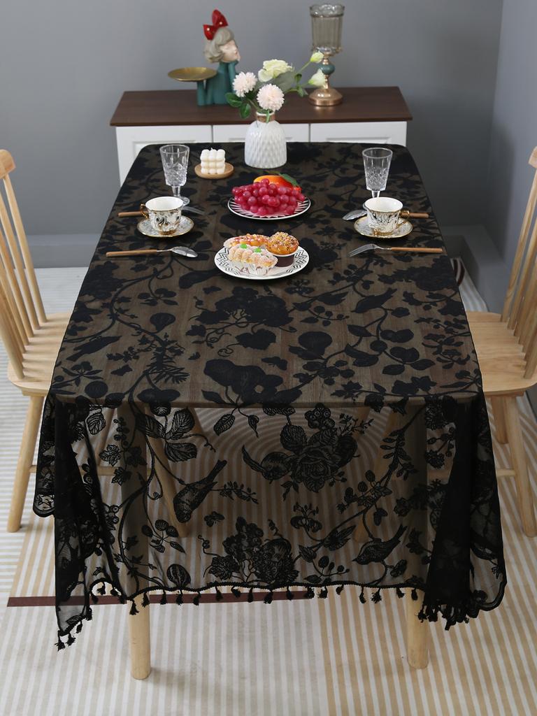Pure Black Flower And Bird Pattern Lace Lace With Spikes Dining Table Cloth Modern Simple Household Indoor Coffee Table Cover Cloth
