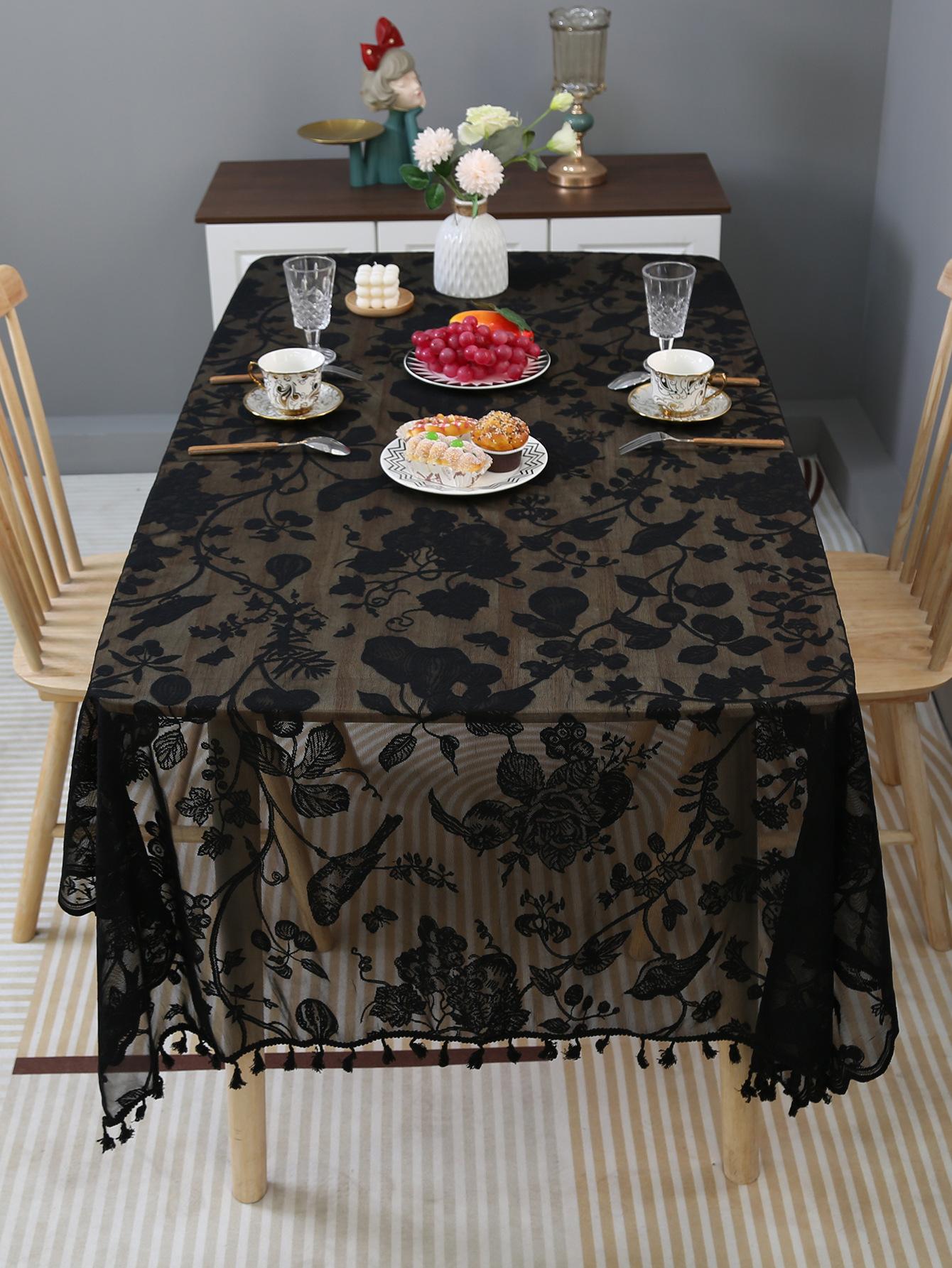 

Pure Black Flower And Bird Pattern Lace Lace With Spikes Dining Table Cloth Modern Simple Household Indoor Coffee Table Cover Cloth 100*140