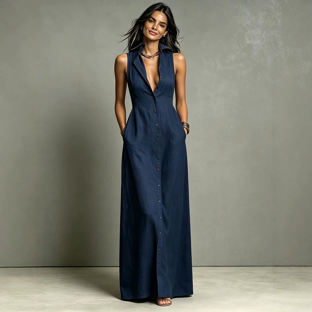 Women's Turn Down Collar Sleeveless Maxi Dress Button Down Casual Summer Shirt Dress