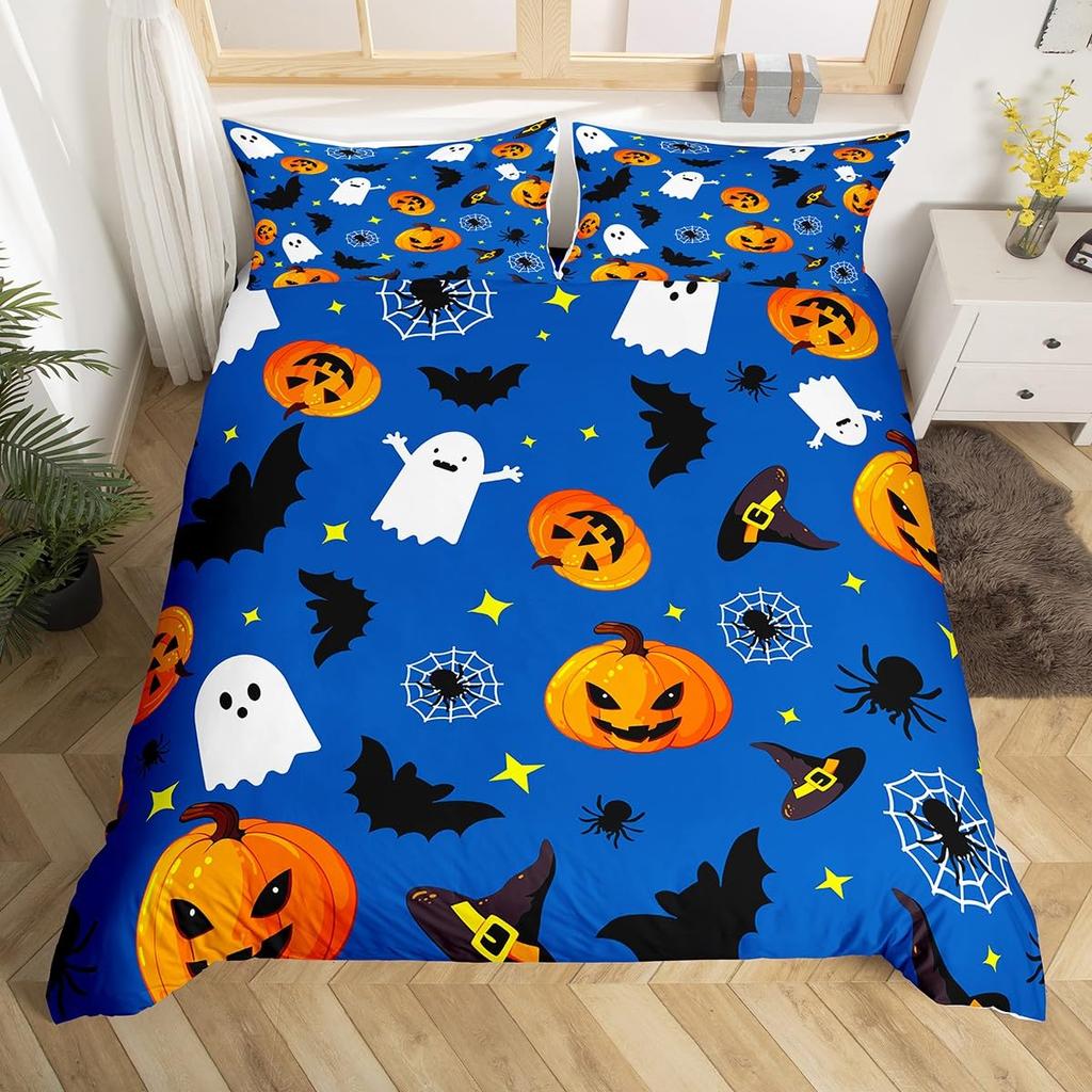 Cute Ghost Duvet Cover Halloween Theme Yellow Bedding Set Pumpkin Lantern Floral Ghosts Comforter Cover Polyester Quilt Cover