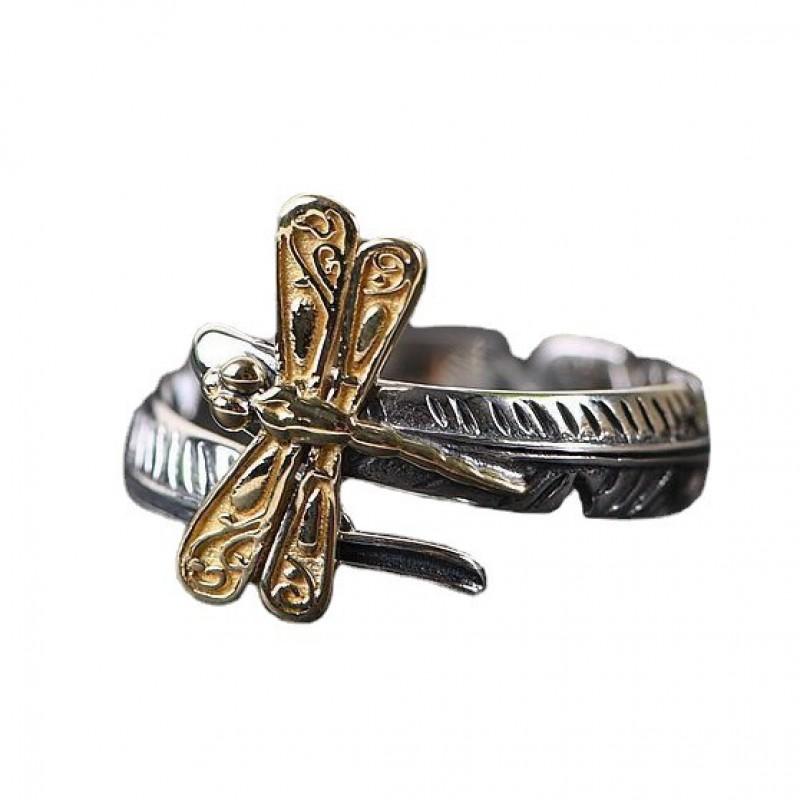 Adjustable Open Ring Men Women Vintage Style Gold Plated Dragonfly Feather Design Statement Jewelry