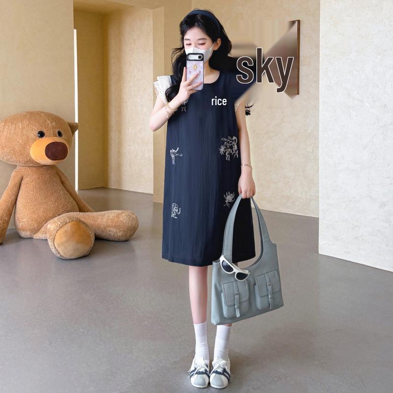 2026 Summer Arrival: Round Neck, Breathable, Loose Waist Maternity Dress for Petite Women in Elegant Style L