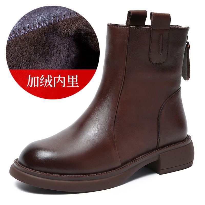 Soft Leather Thin Boots Women's 2025 New Flat-bottomed Rear Zipper Spring and Autumn Single Boots Autumn and Winter Velvet Martin Boots Cotton Shoes