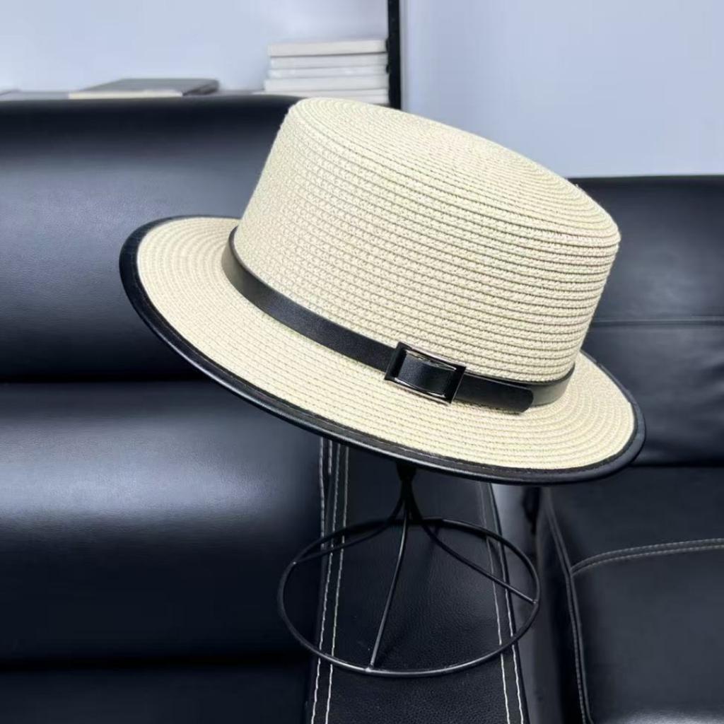Korean Version of White Flat-top Straw Hat Women's Summer Travel Sunshade Sunscreen Beach Hat Shopping Fashion Small Edge Top Hat