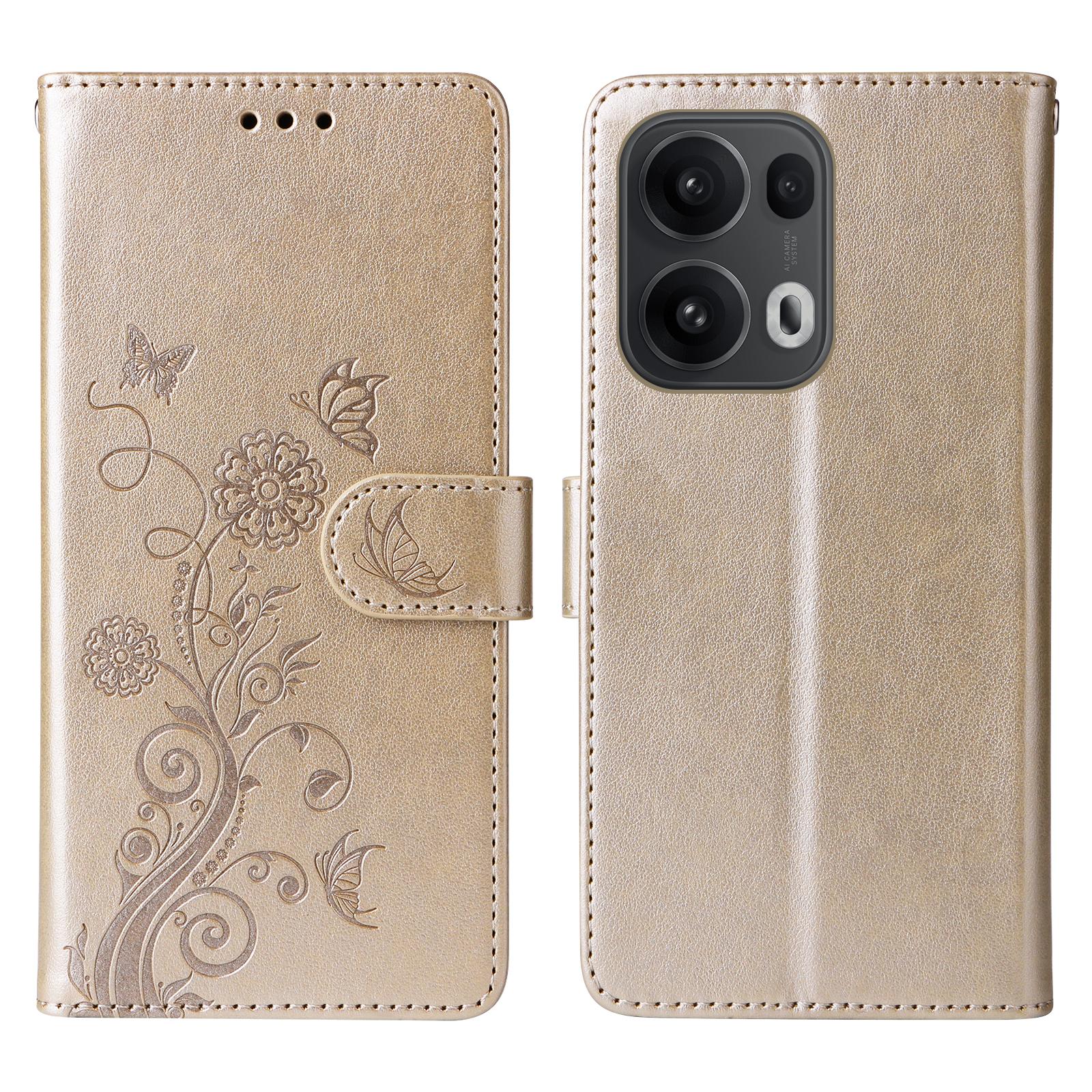 

For Oppo Reno13 Pro 5G/Oppo Reno14 Pro 5G (China)/Oppo Reno14 Pro 5G (Global) Leather Case Butterfly Floral Imprint Wallet Stand Cover Golden
