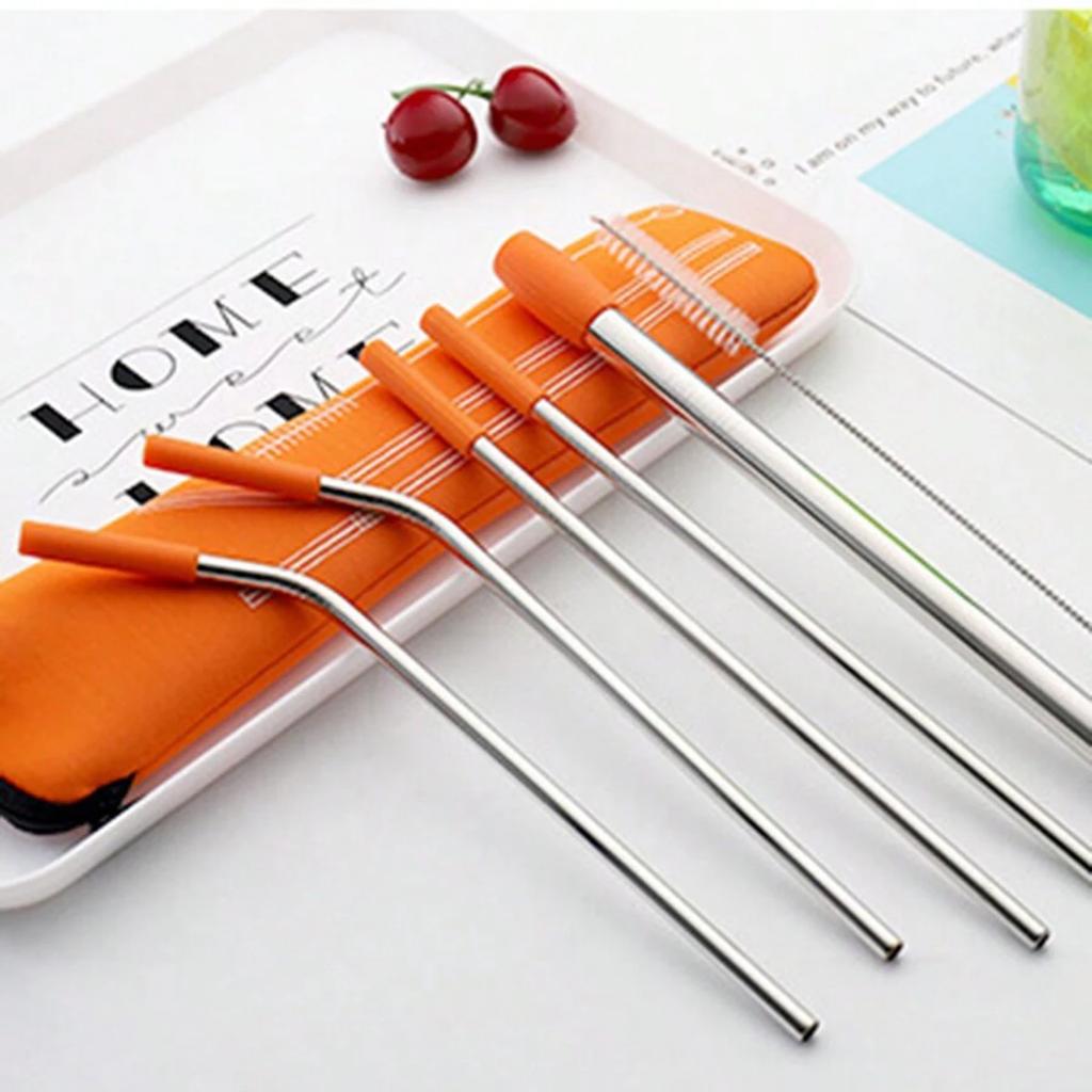 7pcs Eco-Friendly Stainless Steel Straw Set With Silicone Tips, Cleaning Brush & Storage Bag - Reusable Drinking Accessories