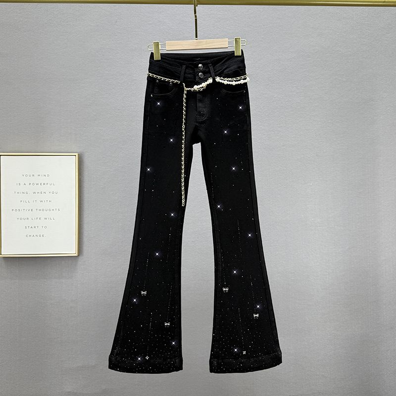 

Hot Drilling Micro-Pull Jeans Women 2025 Spring New High Waist Slim fit Slimming European Goods Heavy Industry Chain Belt Lengthened Trousers Black L